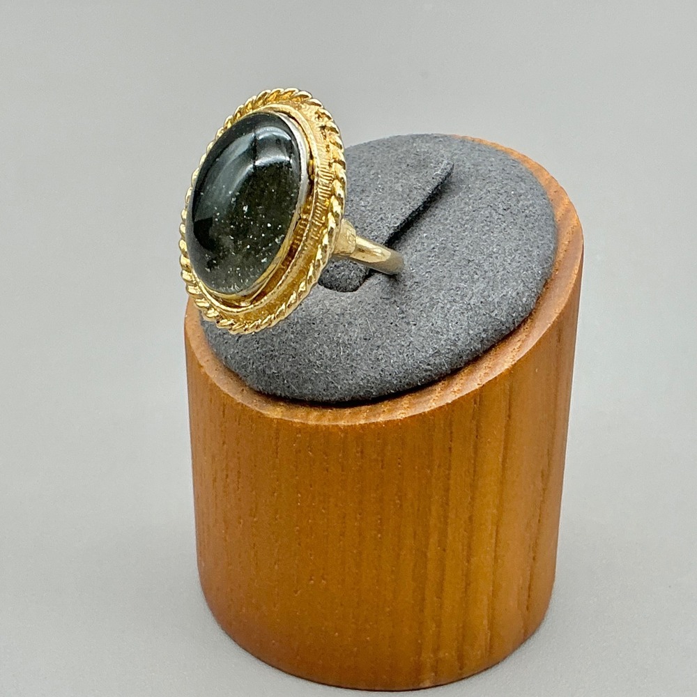 Cabochon Ring Gold Tone Black Green Oval Stone Rope Border Statement Size 7